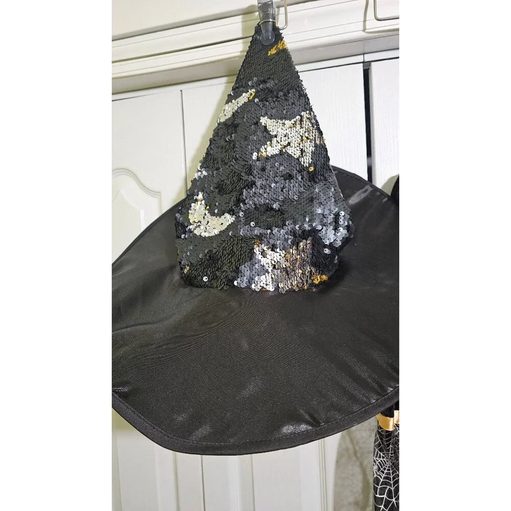Witch Costume Girls 10-12 Orange Black Satin Velvet Dress Hat Pretty Halloween